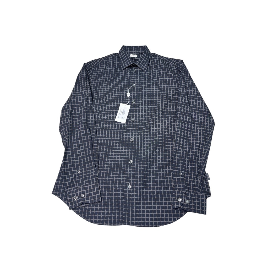NWT Armani Collezioni Mens Grid Print Long Sleeve Button Down Shirt Grey Size M